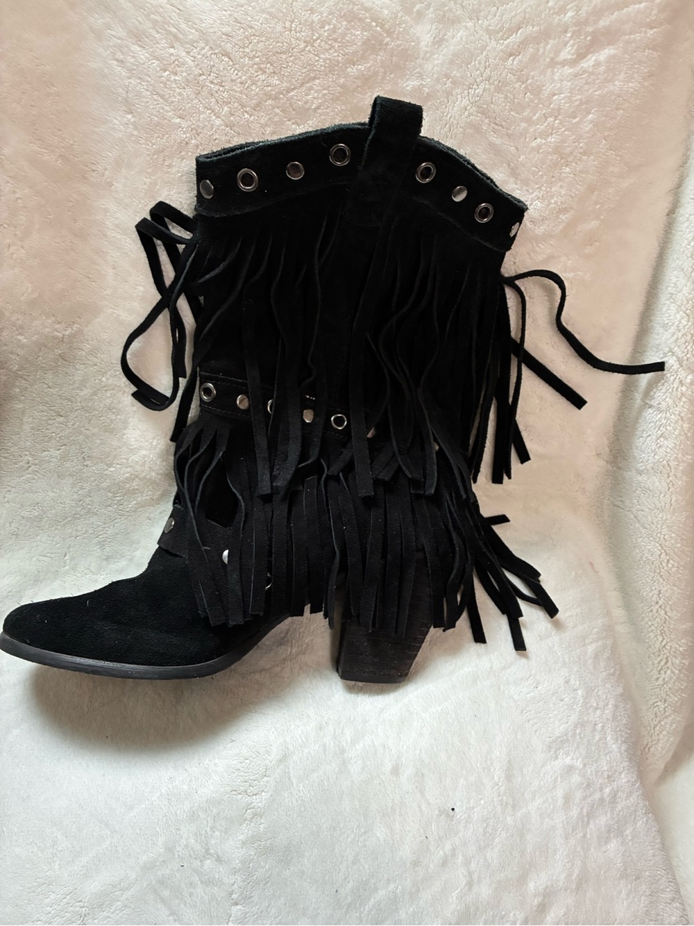 Black Suede Fringe Heeled Boots with Eyelet Accents